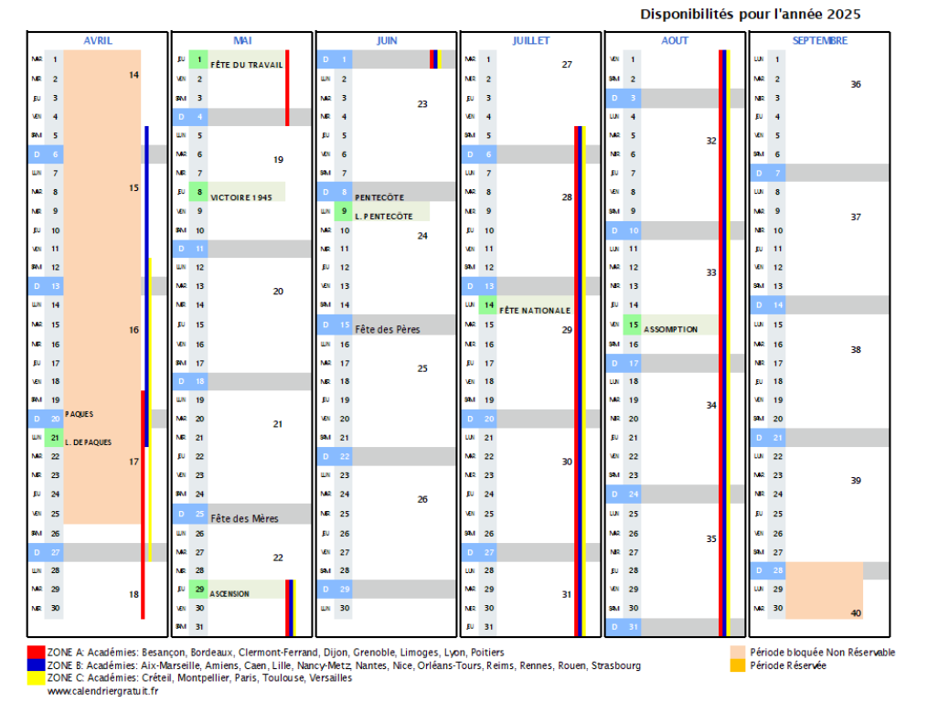 Calendrier des disponibilités pour la location de vacances